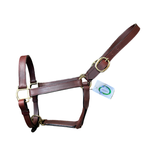 Deluxe Leather Halter, Double Buckles, Polished Brass Hardware #92010