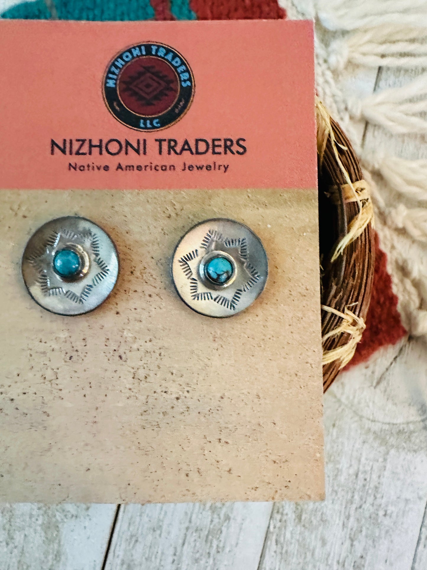 Navajo Sterling Silver & Turquoise Concho Stud Earrings