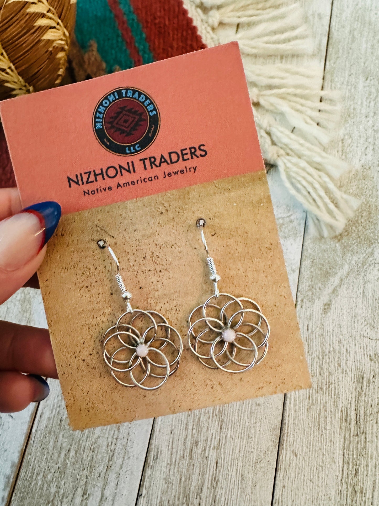 Navajo Queen Pink Conch & Sterling Silver Flower Dangle Earrings
