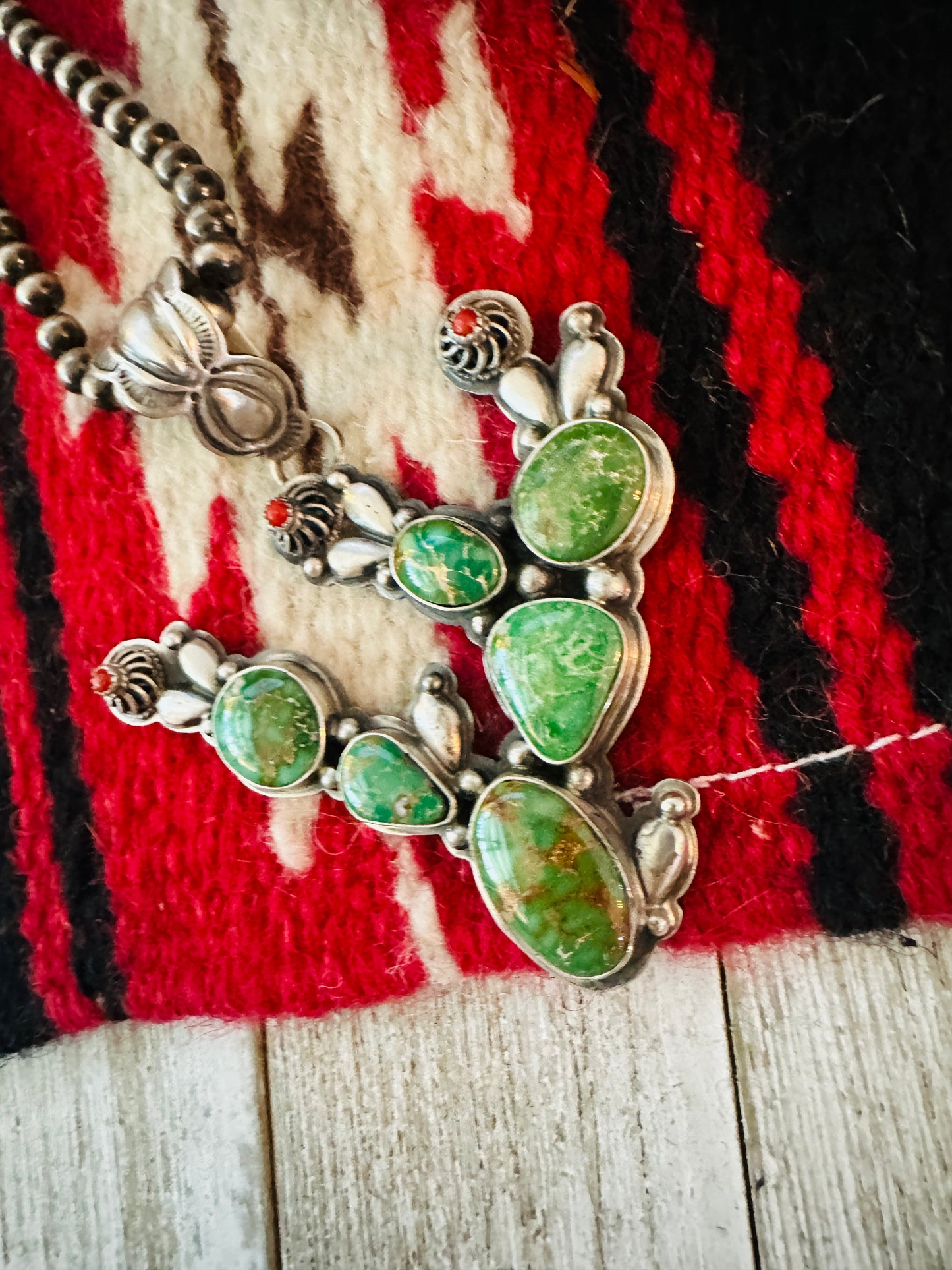 Navajo Turquoise, Coral and Sterling Silver Cactus Pendant by Charles Johnson