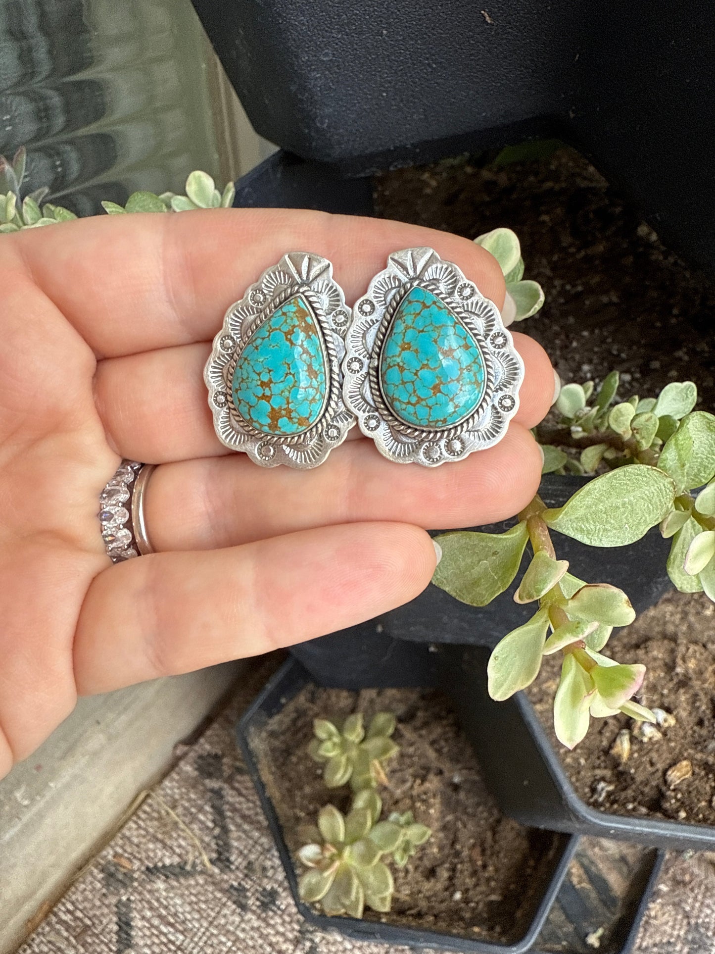 Handmade Number 8 Turquoise and Sterling Silver Post Earrings