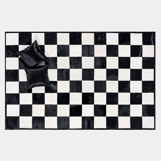 Checkers Black and White Patchwork Cowhide Rug