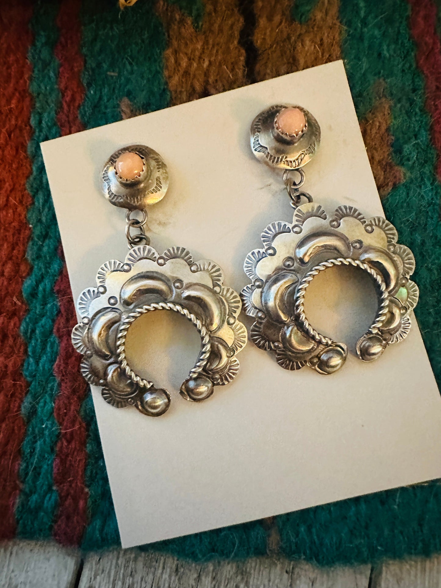 Navajo Queen Pink Conch & Sterling Silver Naja Dangle Earrings By Tim Yazzie