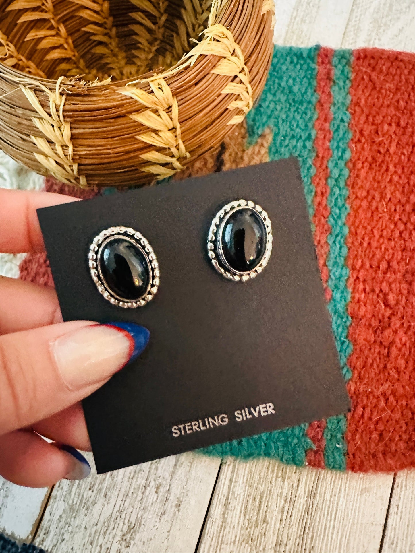 Navajo Onyx & Sterling Silver Post Earrings