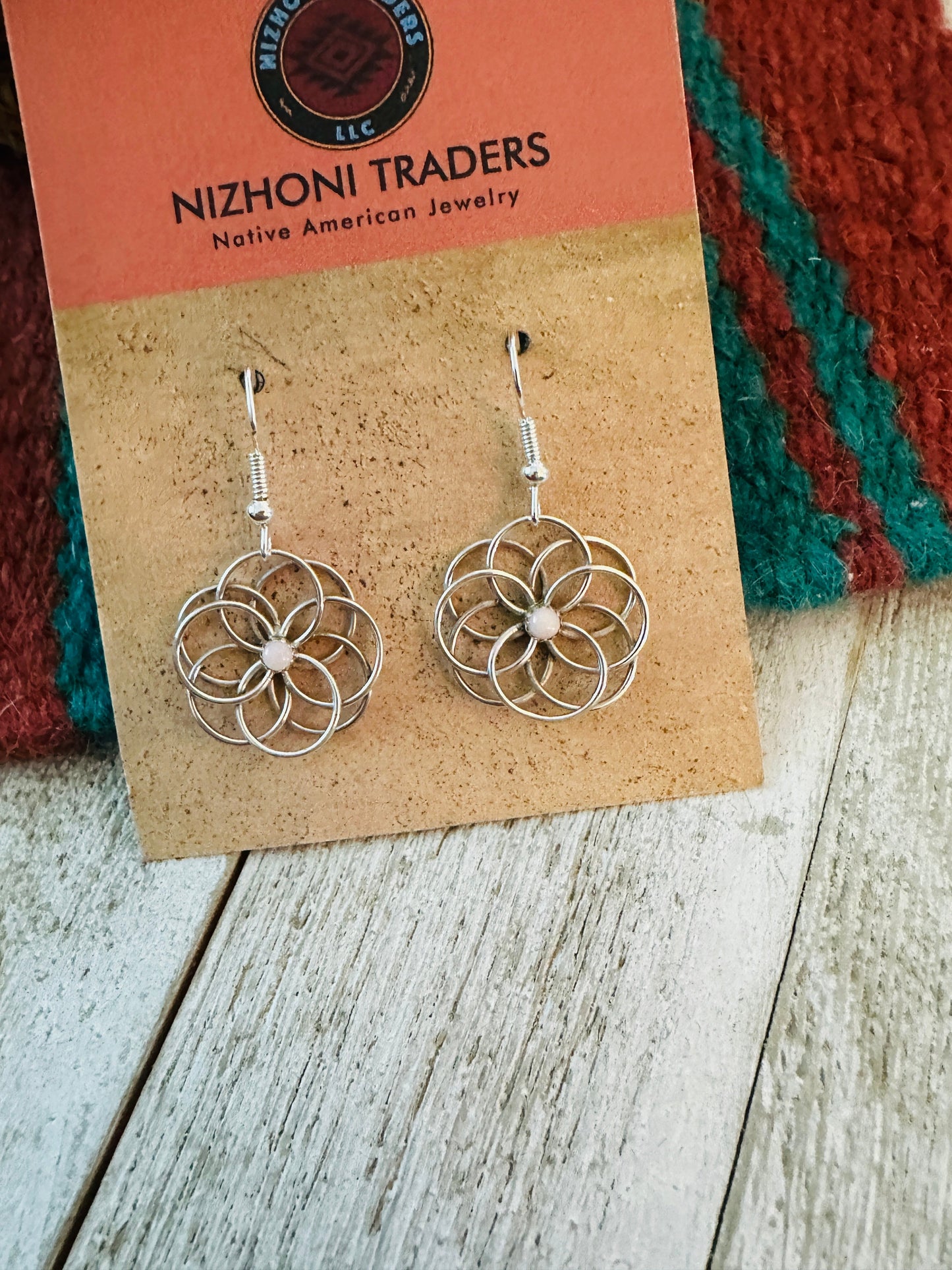 Navajo Queen Pink Conch & Sterling Silver Flower Dangle Earrings