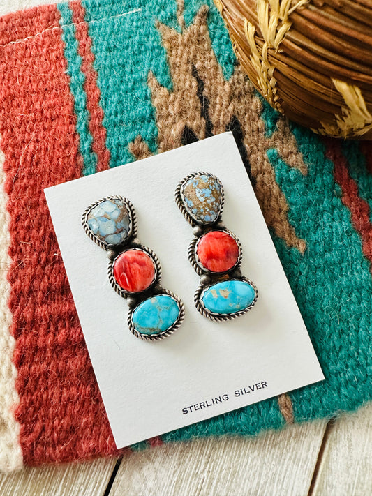 Handcrafted Red Spiny, Turquoise and Sterling Silver Dangle Earrings