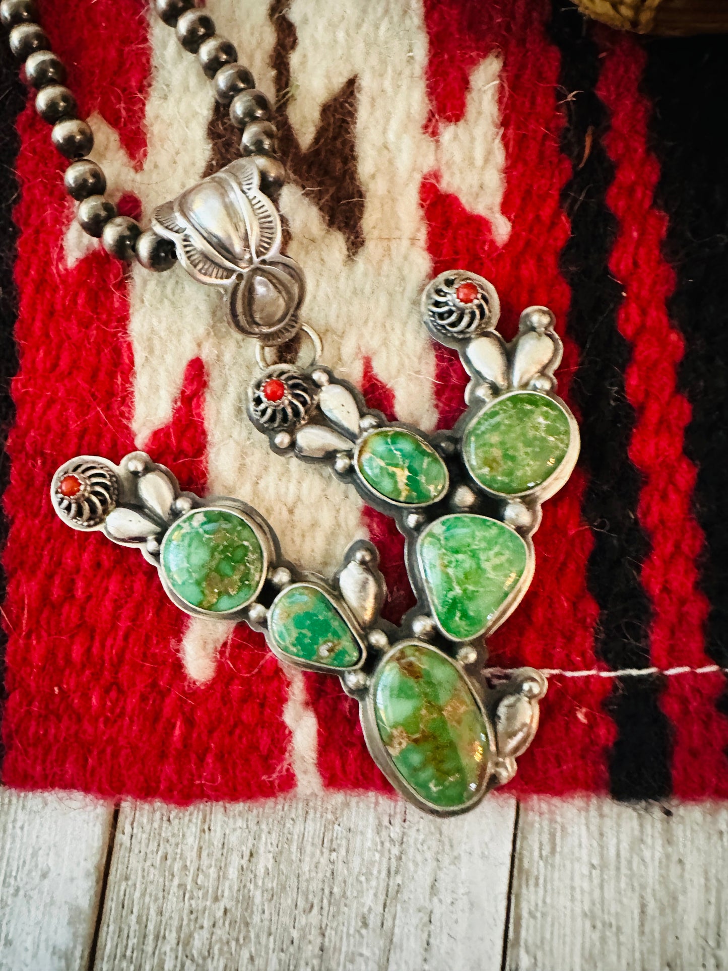 Navajo Turquoise, Coral and Sterling Silver Cactus Pendant by Charles Johnson
