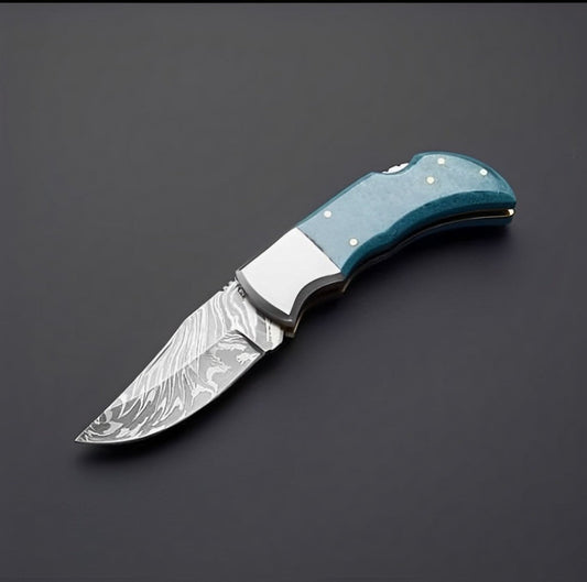 Damascus Knives for Sale | Custom Handmade Damascus Steel Pocket Knife with Turquoise Epoxy Handle | 2.5-Inch Blade by KBS Knives