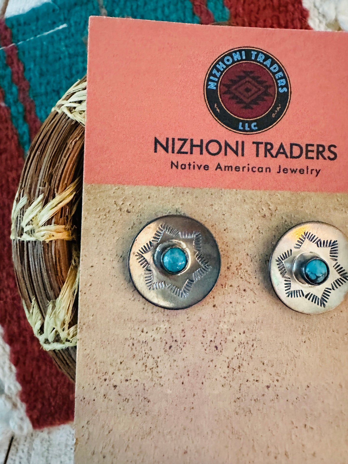 Navajo Sterling Silver & Turquoise Concho Stud Earrings