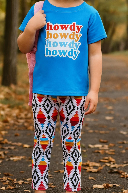 Retro Howdy Kids Western Outfit | Fall Aztec Leggings + T-Shirt Set | Baby Toddler Cowboy Outfit | Christmas Gift for Boys or Girls