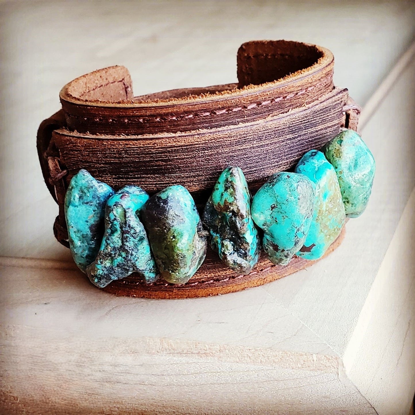 Genuine Leather Wide Cuff Bracelet w/ Large Natural Turquoise Chunks 007u