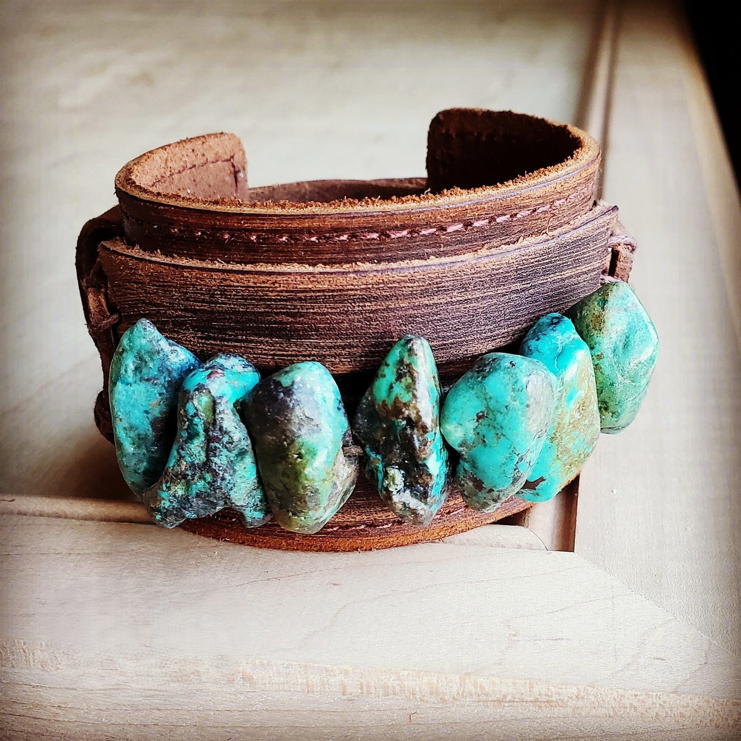 Genuine Leather Wide Cuff Bracelet w/ Large Natural Turquoise Chunks 007u