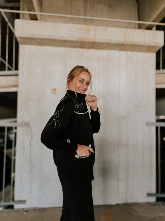Black Floral Embroidered Zip-Up Sweatshirt