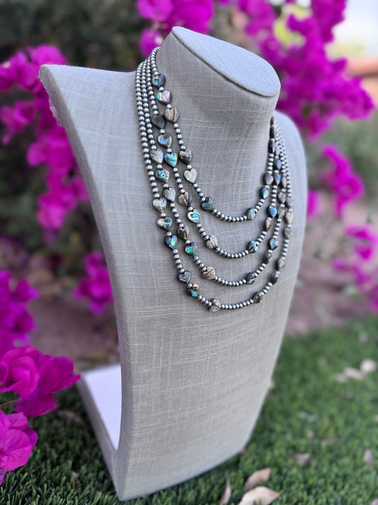 Handcrafted Heart Abalone & Sterling Silver Pearl 4mm Beaded Necklace