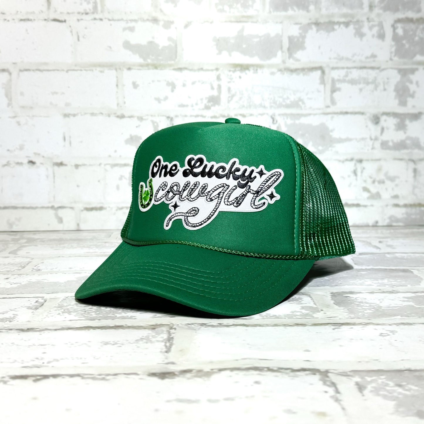 One Lucky Cowgirl Kelly Green Patch Trucker Hat