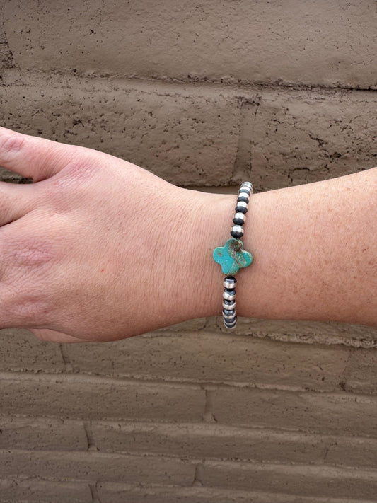 Handcrafted Cle'vara Turquoise & Sterling Silver 5mm Beaded Bracelet 7.5"