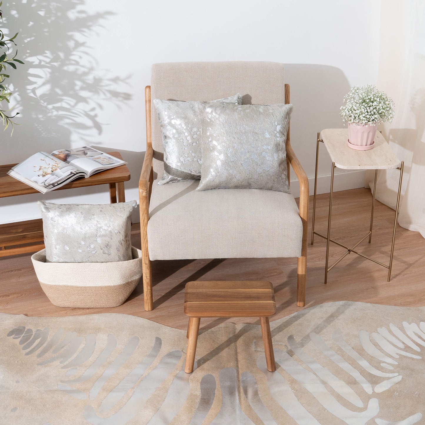 Metallic Silver Cowhide Pillow