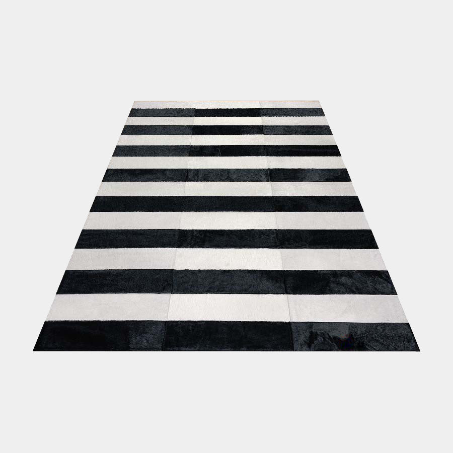 Black and White Line Patchwork Cowhide Rug