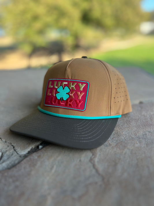 Lucky Gulf Red Trio Patch Performance Hat with Rope - Cider / Brown