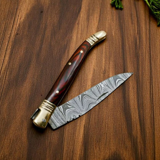 Handmade Damascus Pocket Knife with Wood Handle - 4"