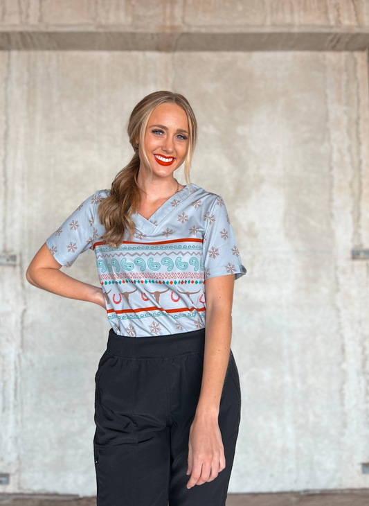 Western Christmas Scrub Top