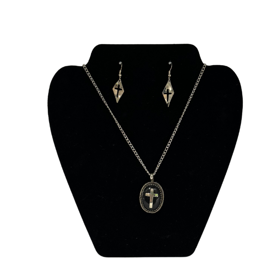Cross Jewelry Set | Black Onyx & Sterling Silver | 24" Chain | Heatland Silver Works