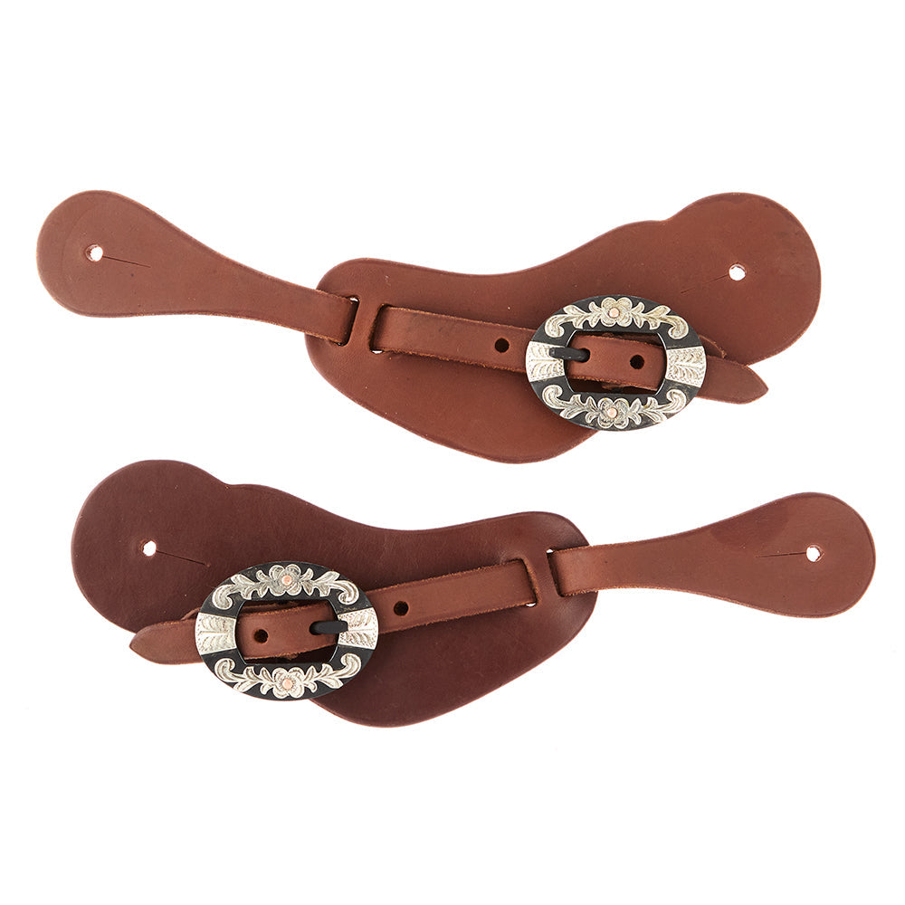 Mens Heavy Oiled Cowboy Spur Straps With Floral Buckles
