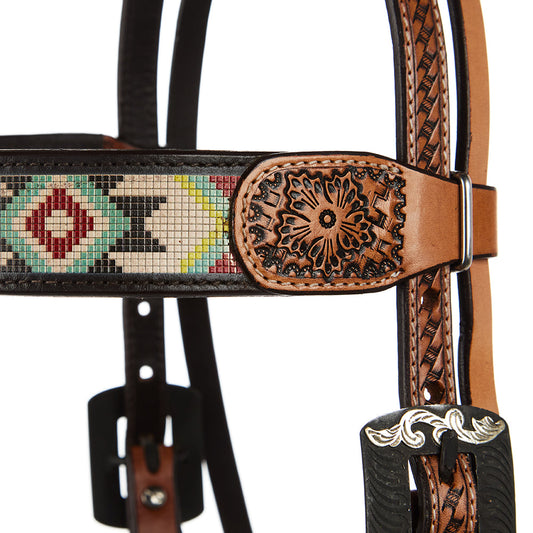 Turquoise And Rust Embossed Beadwork Browband Headstall