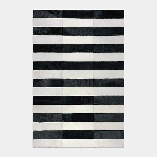 Black and White Line Patchwork Cowhide Rug