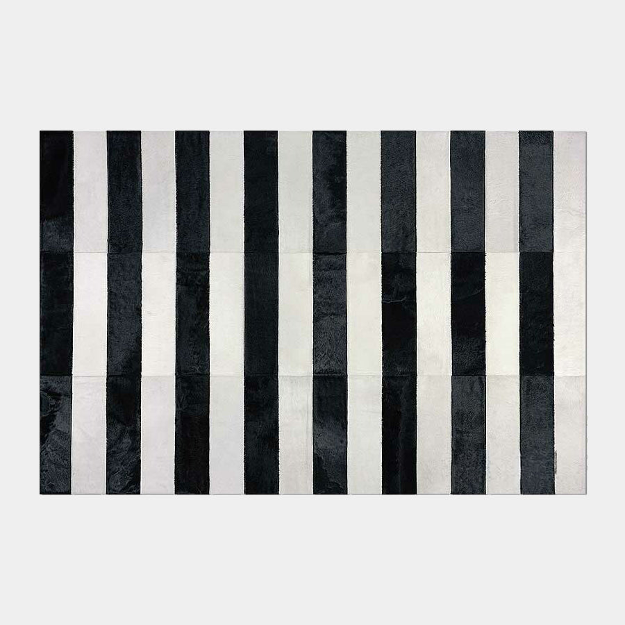 Black and White Line Patchwork Cowhide Rug