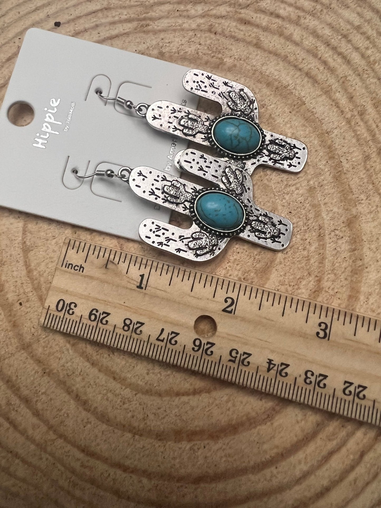 Cactus Dangle Earrings with Faux Turquoise - 2 1/2 inch drop