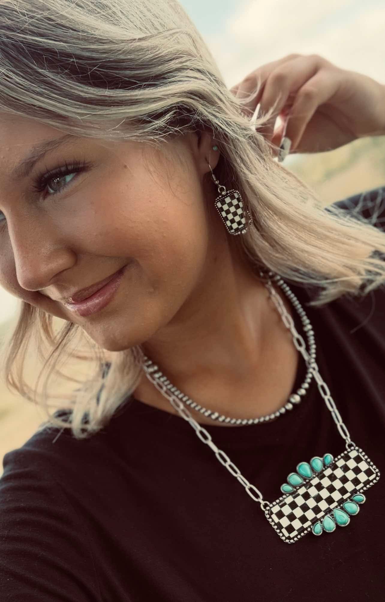 Checkered Bar Necklace with Faux Turquoise - 18 inch necklace