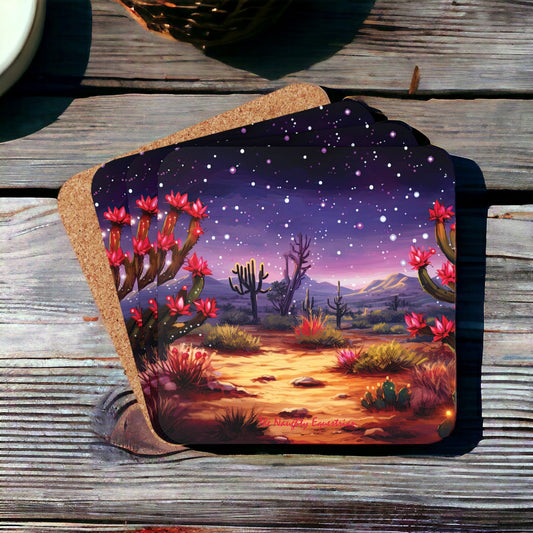 Purple Hues Oasis: Desert Cactus Twinkling Stars Coaster