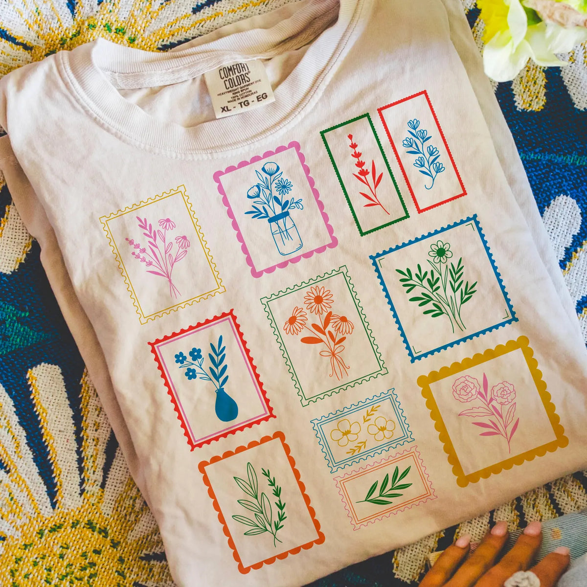 Whimsical flower postage stamps tee or sweatshirt