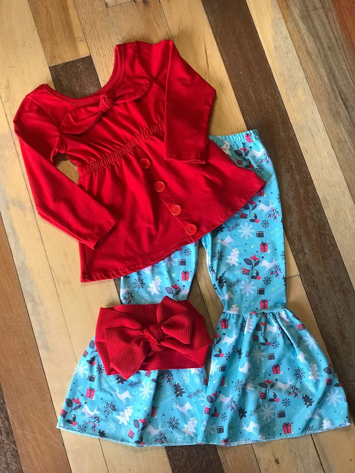 Girls' Christmas Bell Bottom Set: Red Bow Top & Reindeer Flare Pants
