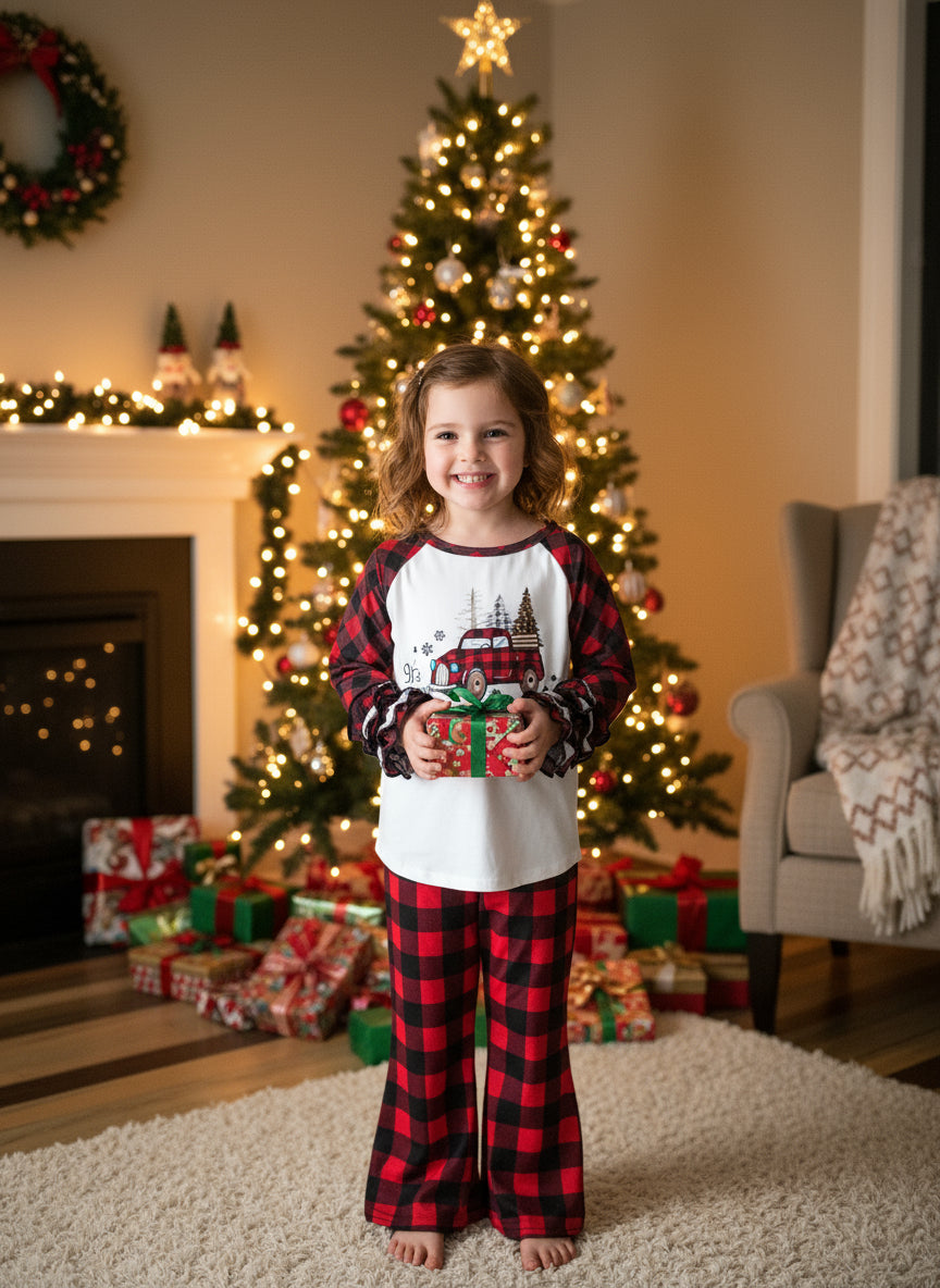 Girls' Christmas Outfit: Buffalo Plaid Bell Bottoms & Holiday Shirt