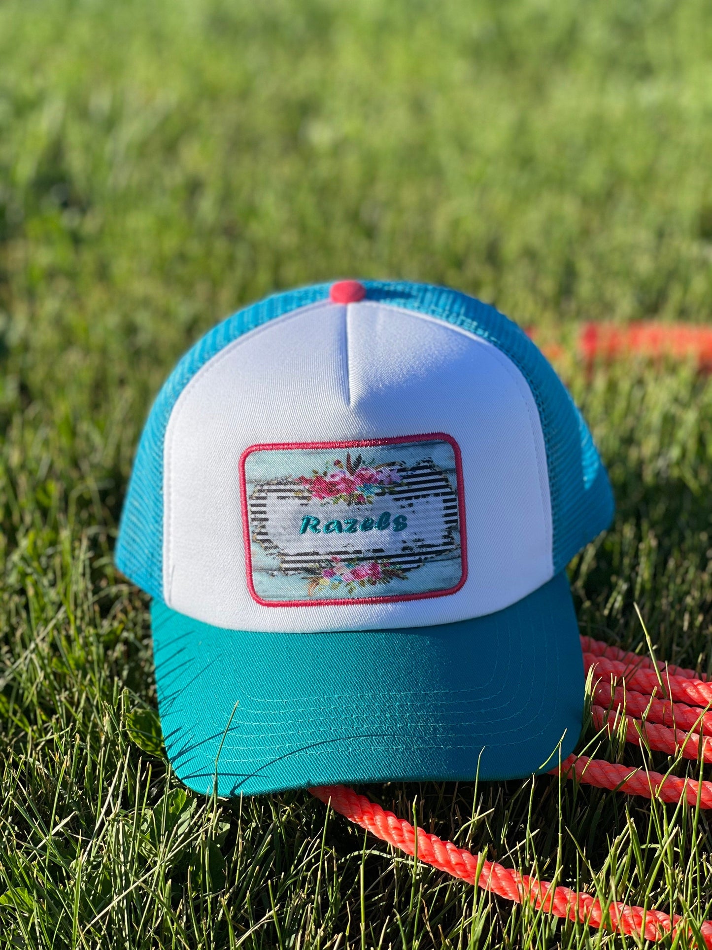 Razels Logo Trucker Cap: Retro Turquoise Patch, 5-Panel Hat