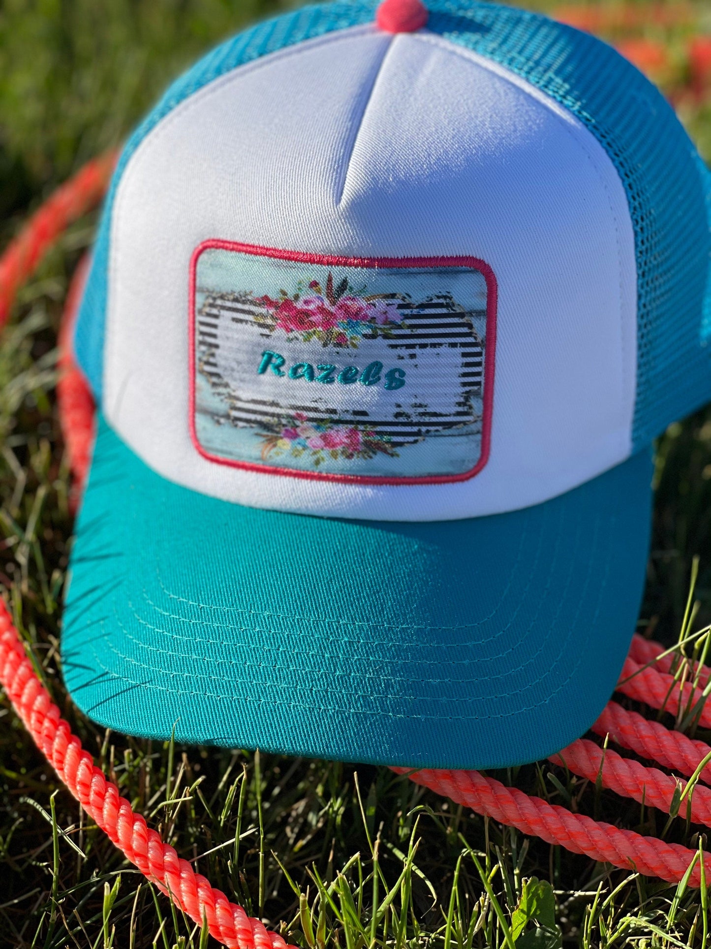 Razels Logo Trucker Cap: Retro Turquoise Patch, 5-Panel Hat