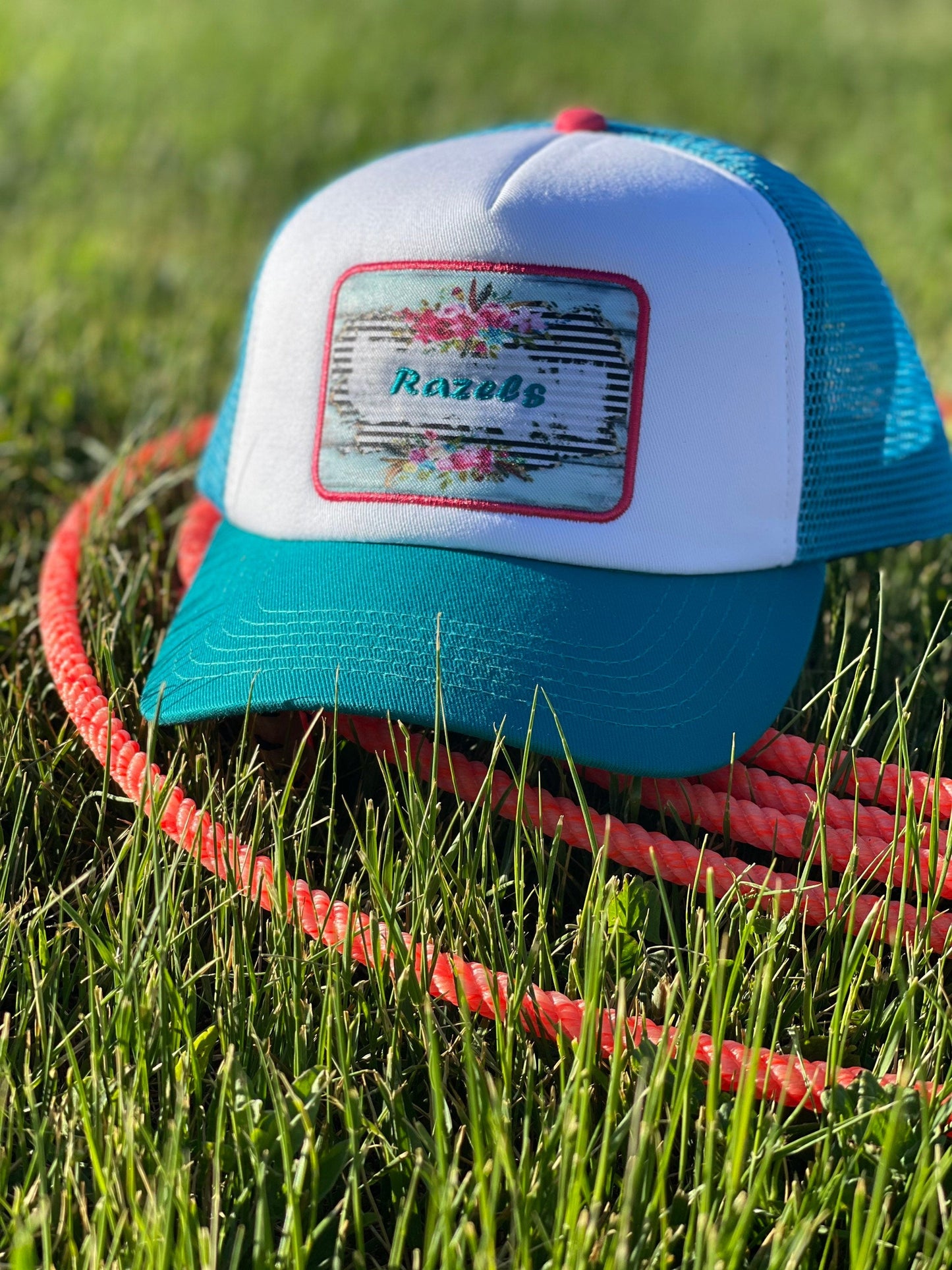 Razels Logo Trucker Cap: Retro Turquoise Patch, 5-Panel Hat