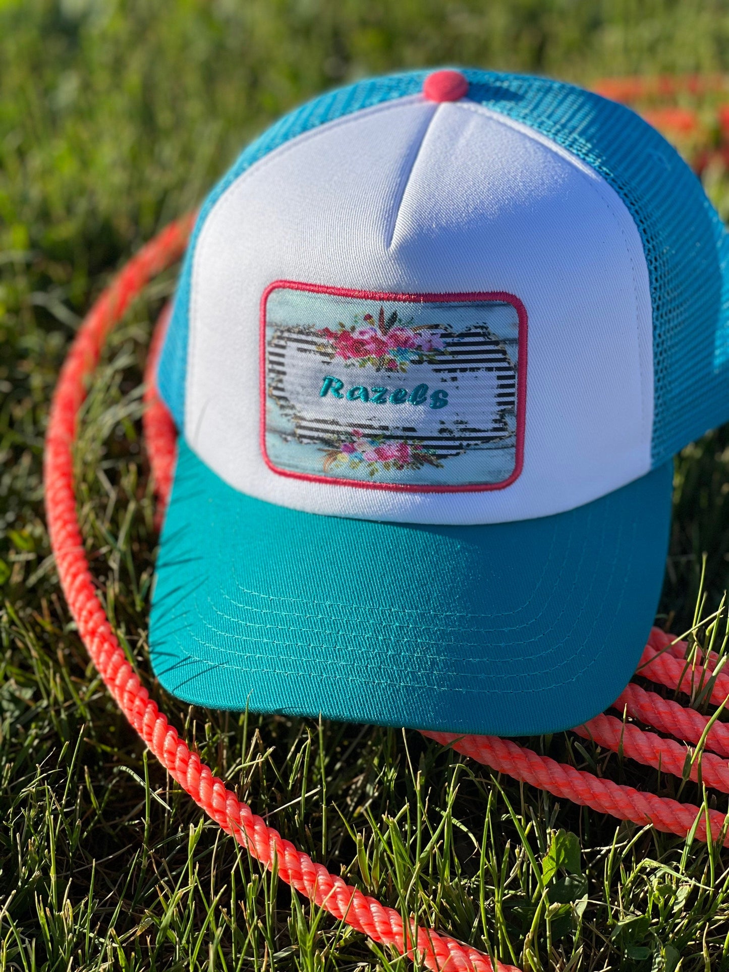 Razels Logo Trucker Cap: Retro Turquoise Patch, 5-Panel Hat
