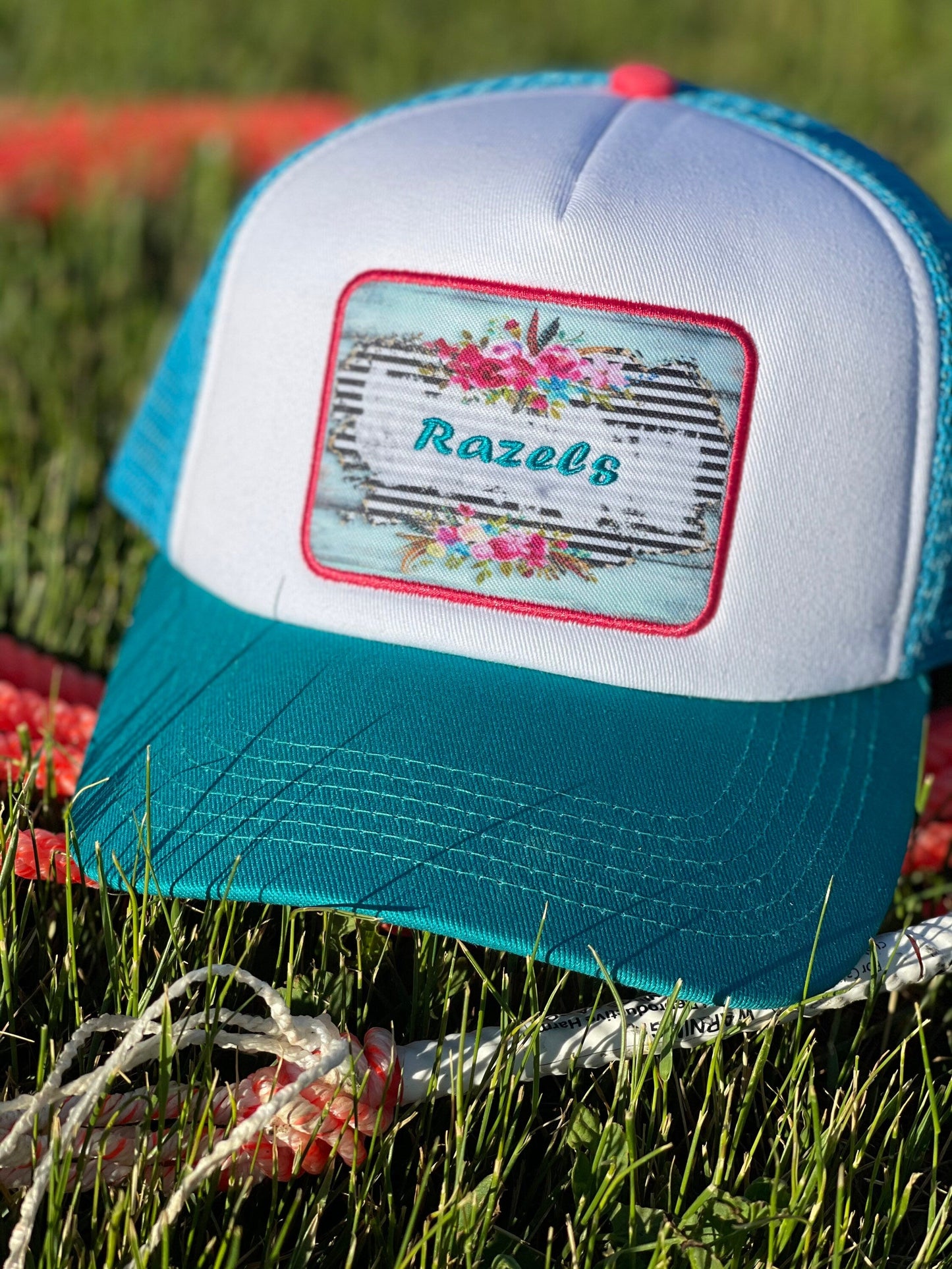 Razels Logo Trucker Cap: Retro Turquoise Patch, 5-Panel Hat
