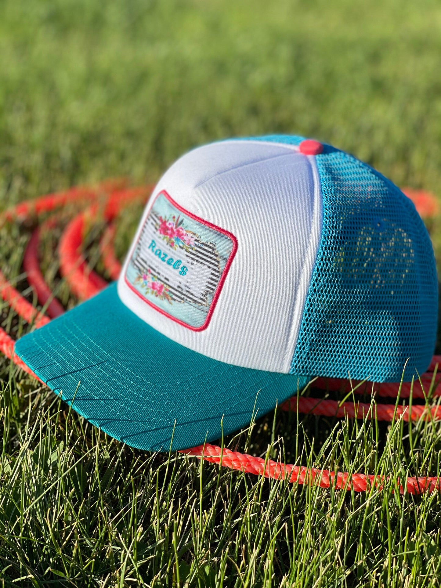 Razels Logo Trucker Cap: Retro Turquoise Patch, 5-Panel Hat