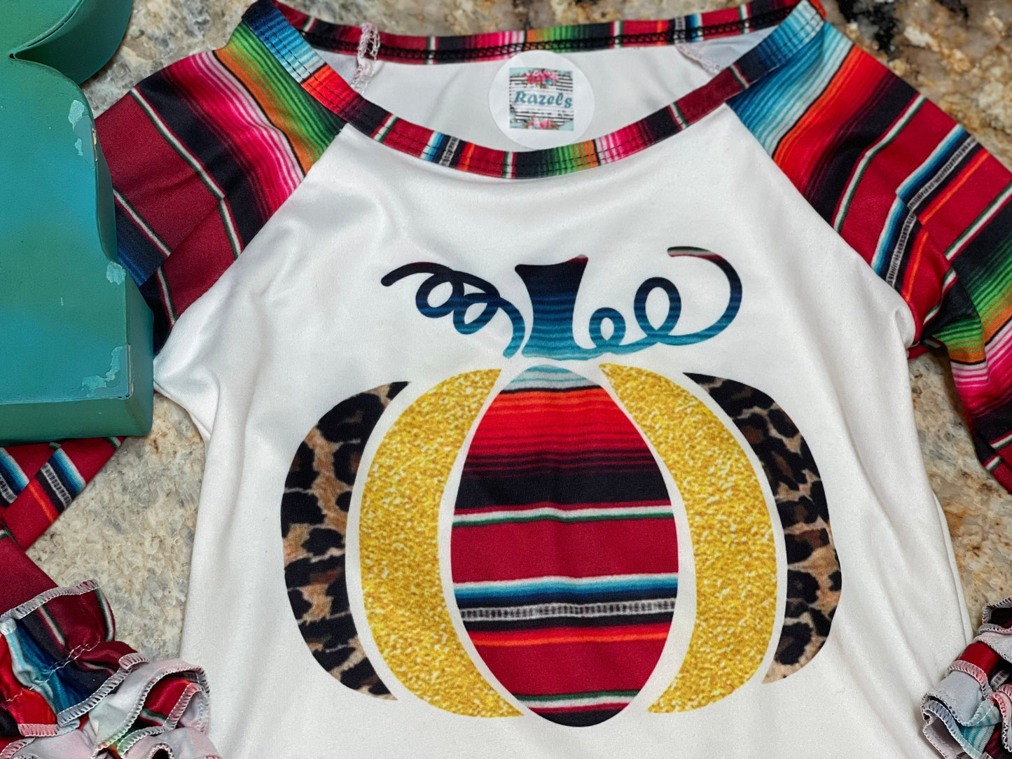 Girls Fall Pumpkin Shirt: Serape Cheetah Print Ruffle Sleeve Top