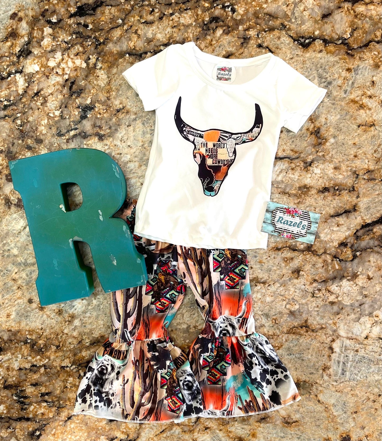 Cowgirl Bell Bottom Outfit: Cow Skull Steerhead Flare Pants