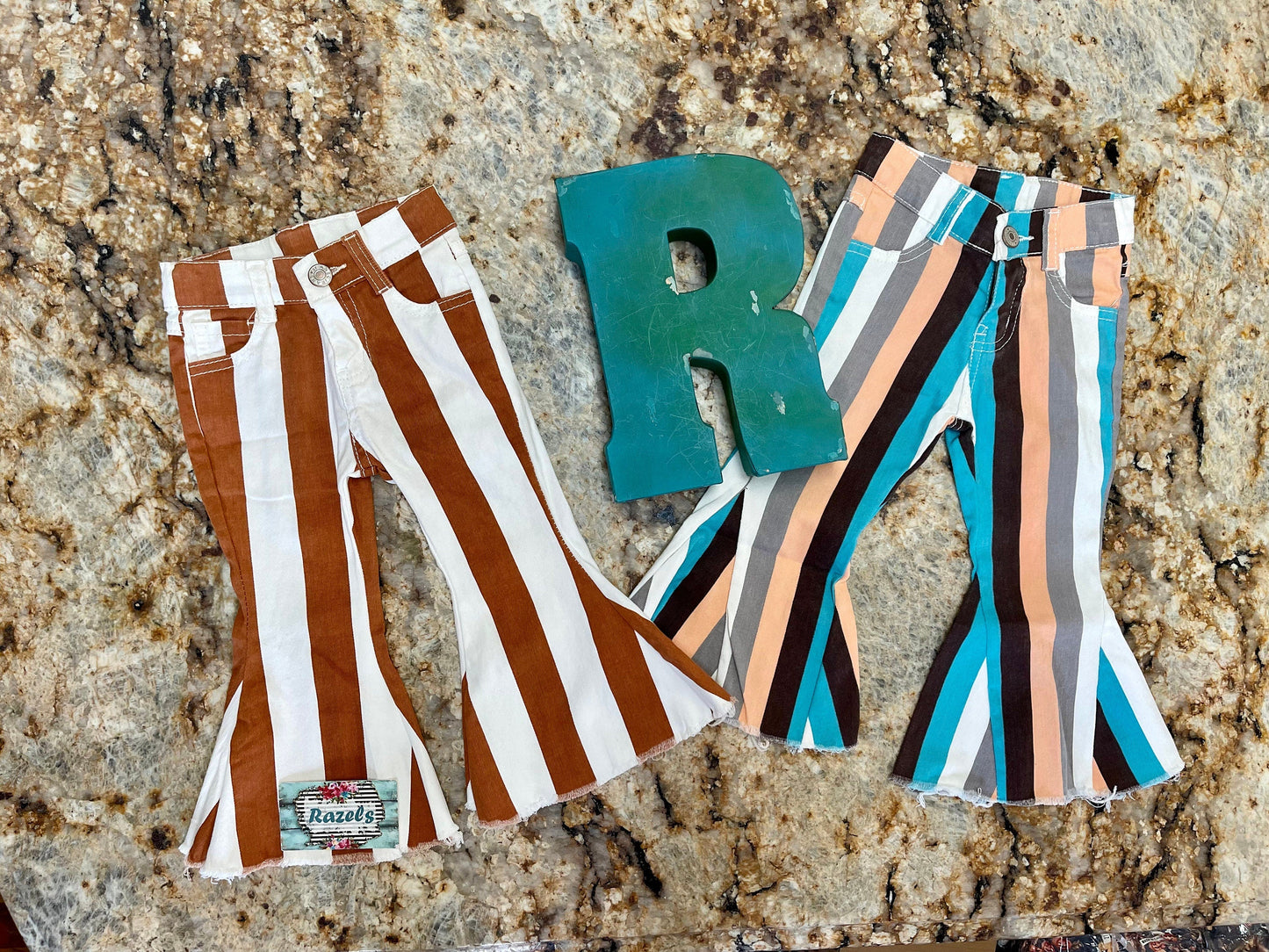 Girls' Striped Bell Bottom Jeans: Stretchy Frayed Denim