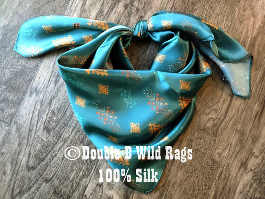 Wild Rag 100% Silk Teal and Bronze Aztec Cowboy Western Neck Scarf Bandanna by Double B Wild Rags