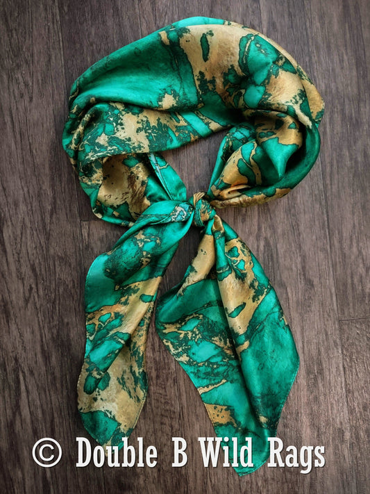 Wild Rag 100% Silk Teal Green and Gold Marble Bandana Border Cowboy Western Neck Scarf Bandanna by Double B Wild Rags