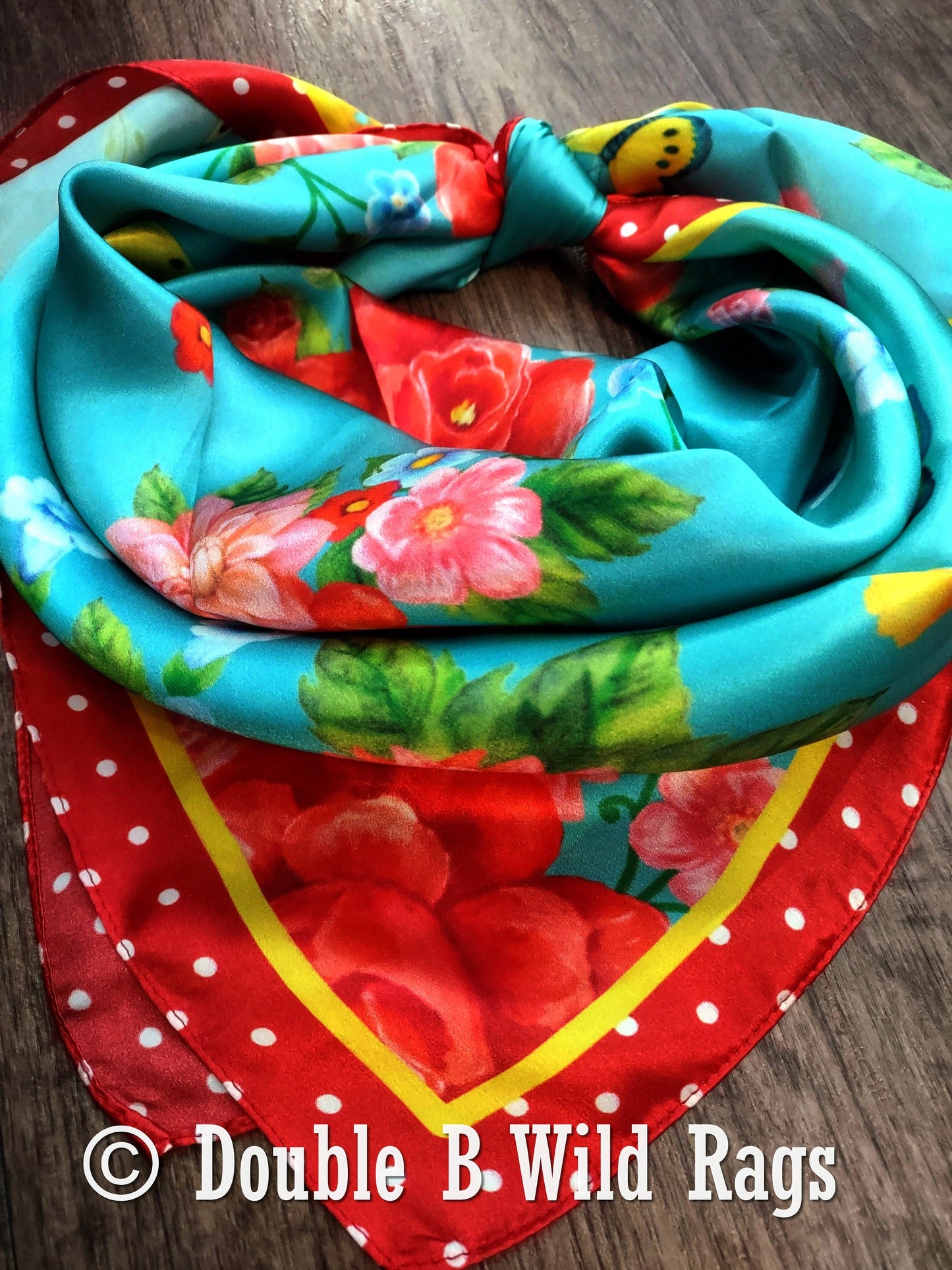 Wild Rag 100% Silk Red Polka Dot with Turquoise Floral Cowboy Western Neck Scarf Bandanna by Double B Wild Rags