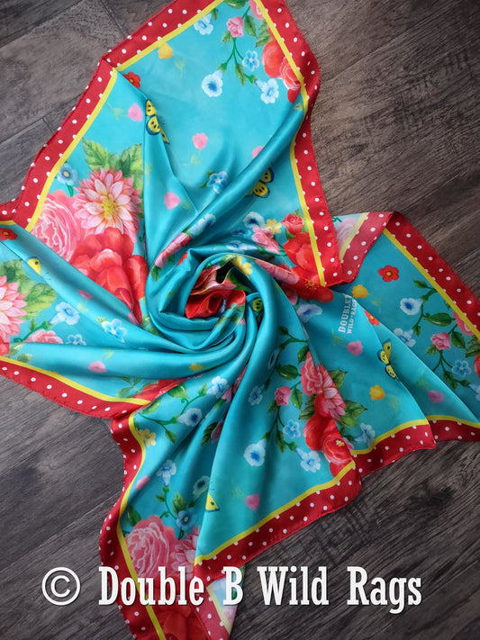 Wild Rag 100% Silk Red Polka Dot with Turquoise Floral Cowboy Western Neck Scarf Bandanna by Double B Wild Rags