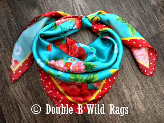 Wild Rag 100% Silk Red Polka Dot with Turquoise Floral Cowboy Western Neck Scarf Bandanna by Double B Wild Rags